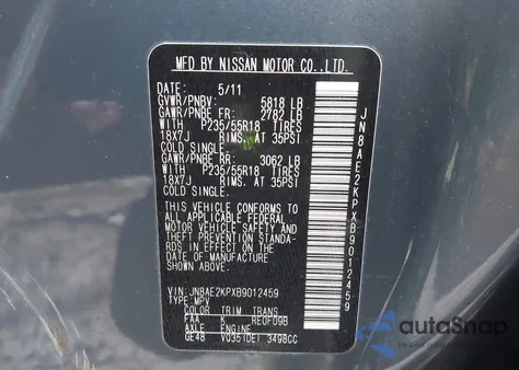 2011 Nissan Quest Sl z USA, uszkodzony, nr VIN JN8AE2KPXB9012459